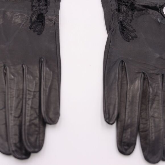 Vintage Black Lamb Leather Long Gloves Lace Cutout Detail Petite Fit Elegant - Picture 9 of 15